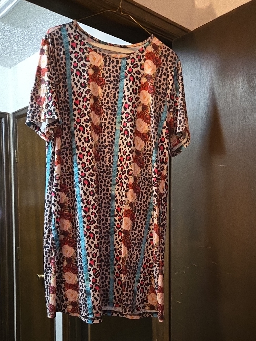 Floral & Leopard Print Short Sleeve Dress in Multi-Color
